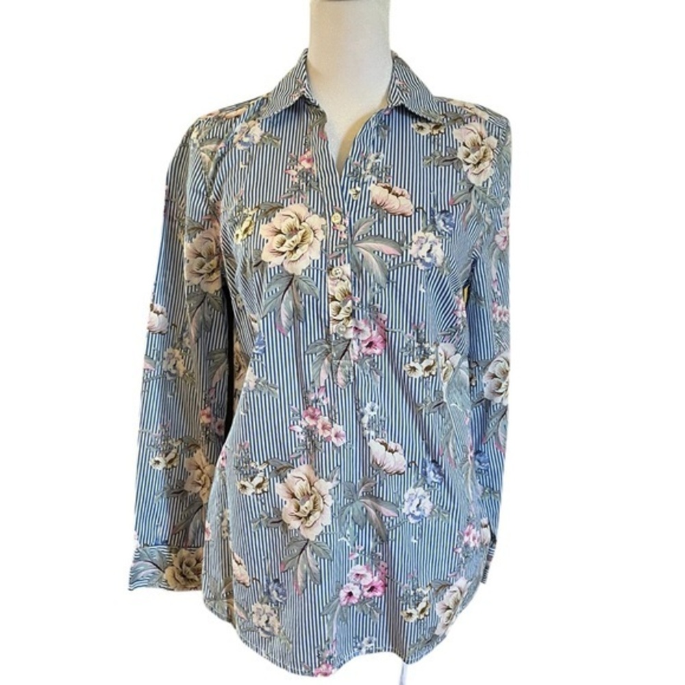 Talbots Floral and Blue and White Stripe Cotton Blouse Long Sleeve SP